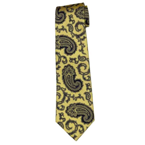 Aquascutum London Silk Tie Golden Yellow Navy Blue Paisley Pattern Men's 56.5" - Picture 1 of 1